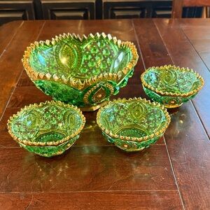 Green Glass Bowl Set with Gold Trim
